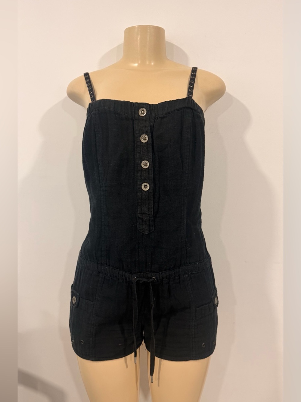 Guess Black Women's Button-Front Short Romper y2k
